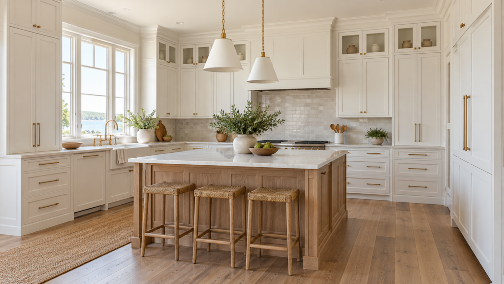 White shaker kitchen cabinetry with a wood-tone island and stone countertop in a bright coastal-style kitchen.