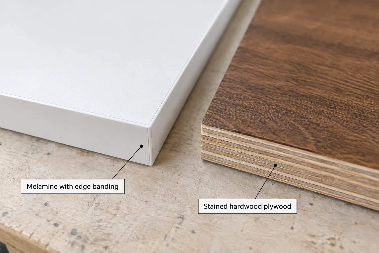 Close-up of a white melamine shelf corner with edge banding beside a stained hardwood plywood panel showing layered plies on its edge.