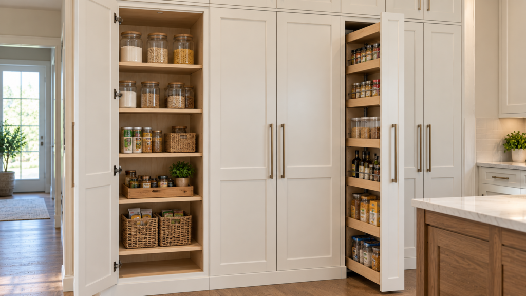 Finished custom pantry cabinet wall with tall white doors, one door open showing shelves and a pull-out unit.