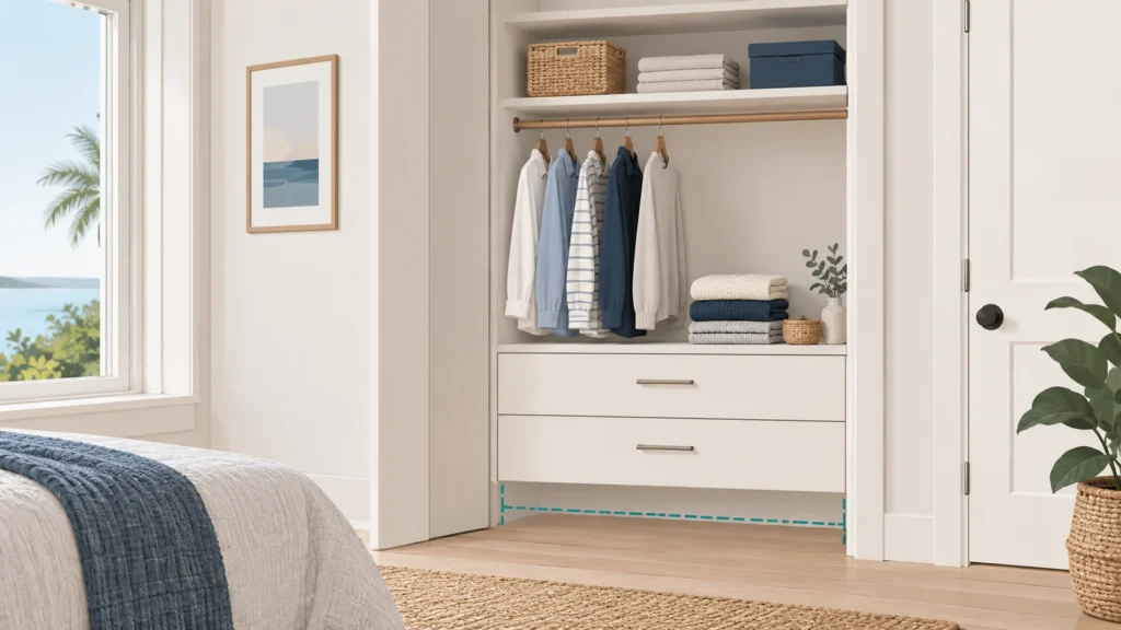 Reach-in closet with a hanging rod, folded sweaters and two drawers, with a dashed line marking the gap between the lowest drawer and the floor