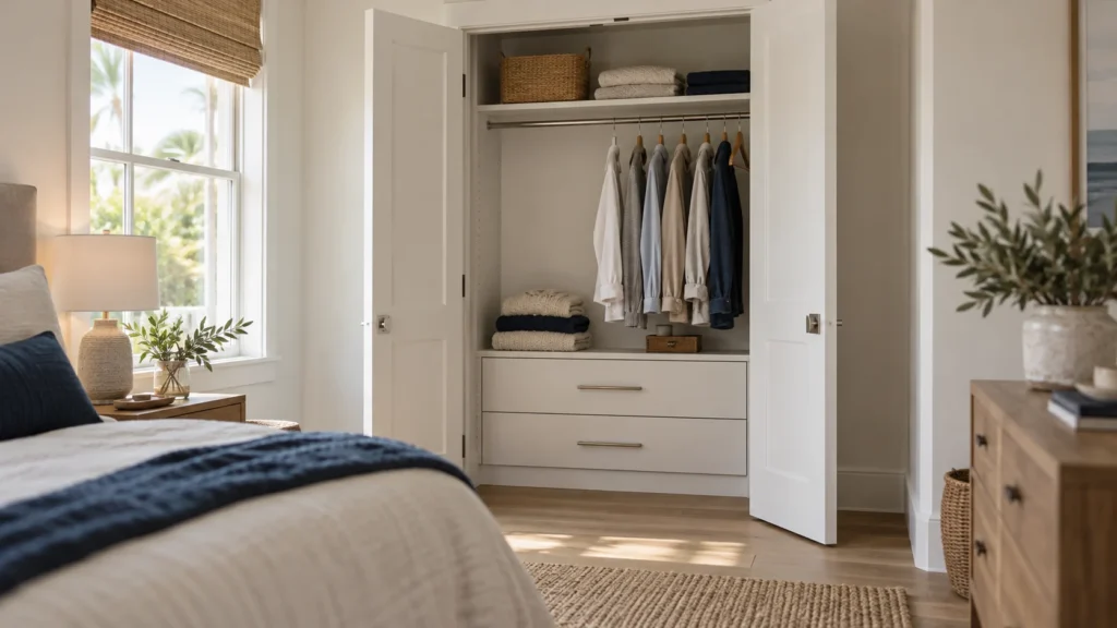 Open reach-in closet in a coastal bedroom with a hanging rod, a shelf above and two drawers below, beside a bed and a window